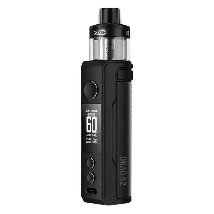 Voopoo Drag S2 60W Pod Kit in Spray Black – powerful and vibrant vape device with up to 60W output, dynamic silver gradient finish, and advanced airflow and performance control.