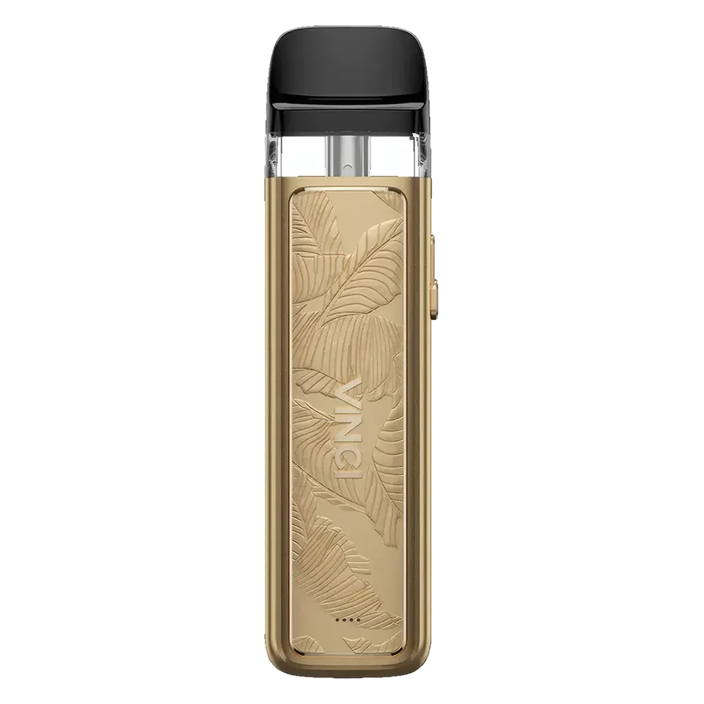 VooPoo Vinci Royal Edition Pod Kit in gold leaf Colour featuring an 800mAh battery, 15W maximum output, LED battery indicator, side-fill pods and adjustable airflow.
