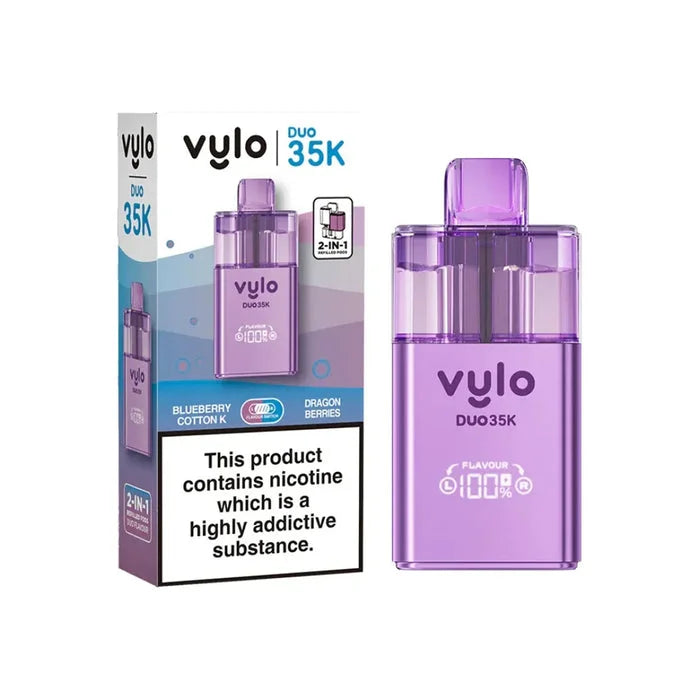 Vylo Duo 35K Prefilled Pod Kit in Blueberry Cotton K/ Dragon Berries - offering up to 35000 puffs with smooth flavour