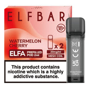 Elf Bar Elfa prefilled pod in Watermelon Cherry flavor, blending juicy watermelon with sweet ripe cherries for a smooth and fruity vape, designed for use with the Elf Bar Elfa device for a refreshing vaping experience