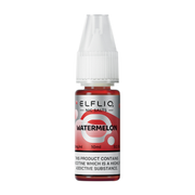 A bottle of Elf Bar ElfLiq Watermelon Nic Salt Vape Juice in a red and white label, indicating 10ml volume and nicotine content.