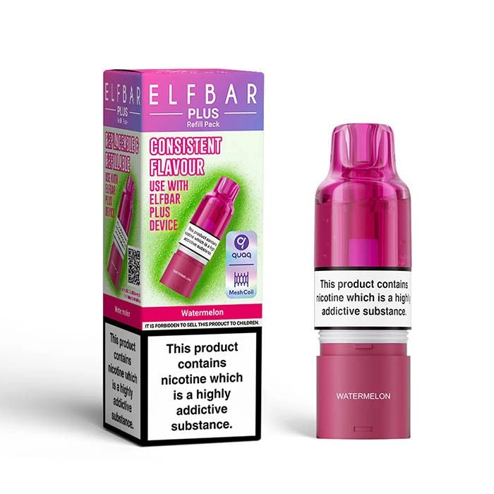 Elf Bar Plus 12 Prefilled Pod & Refill in watermelon – rechargeable vape with a 2ml prefilled pod, 8ml refill container, and 0.8Ω QUAQ mesh coil.