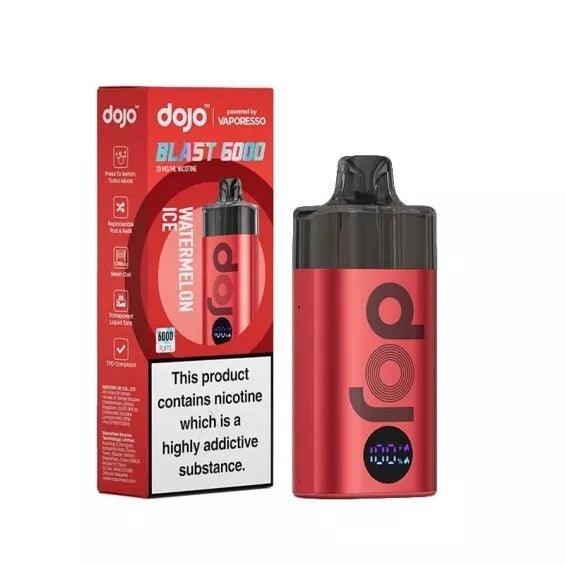 Vaporesso Dojo Blast 6000 puffs vape kit in Watermelon Ice, featuring a sleek rechargeable design with 6k BIG Puff capacity, mesh coil technology for enhanced flavor, long-lasting battery, and user-friendly draw activation.