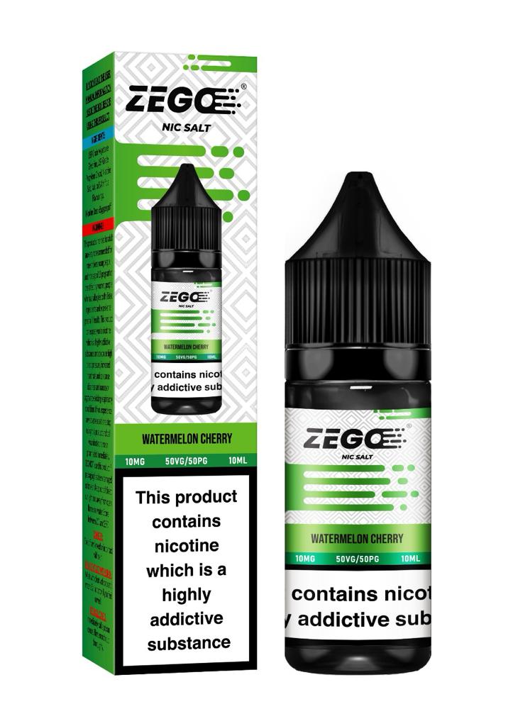 10ml bottle of Zego Nic Salt E-Liquid in Watermelon Cherry flavor, available in 10mg and 20mg nicotine strengths, crafted for smooth throat hits with pod vape kits.