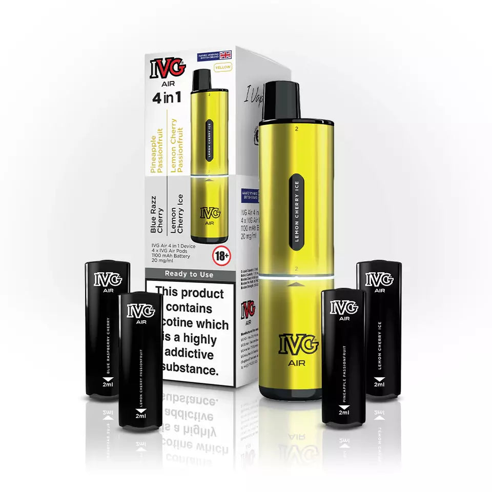 IVG 2400 AIR 4-in-1 starter kit disposable vape in Yellow, featuring four interchangeable 2ml pods, up to 2400 puffs, compact ergonomic design, and easy draw-activation for a convenient all-in-one vaping experience.