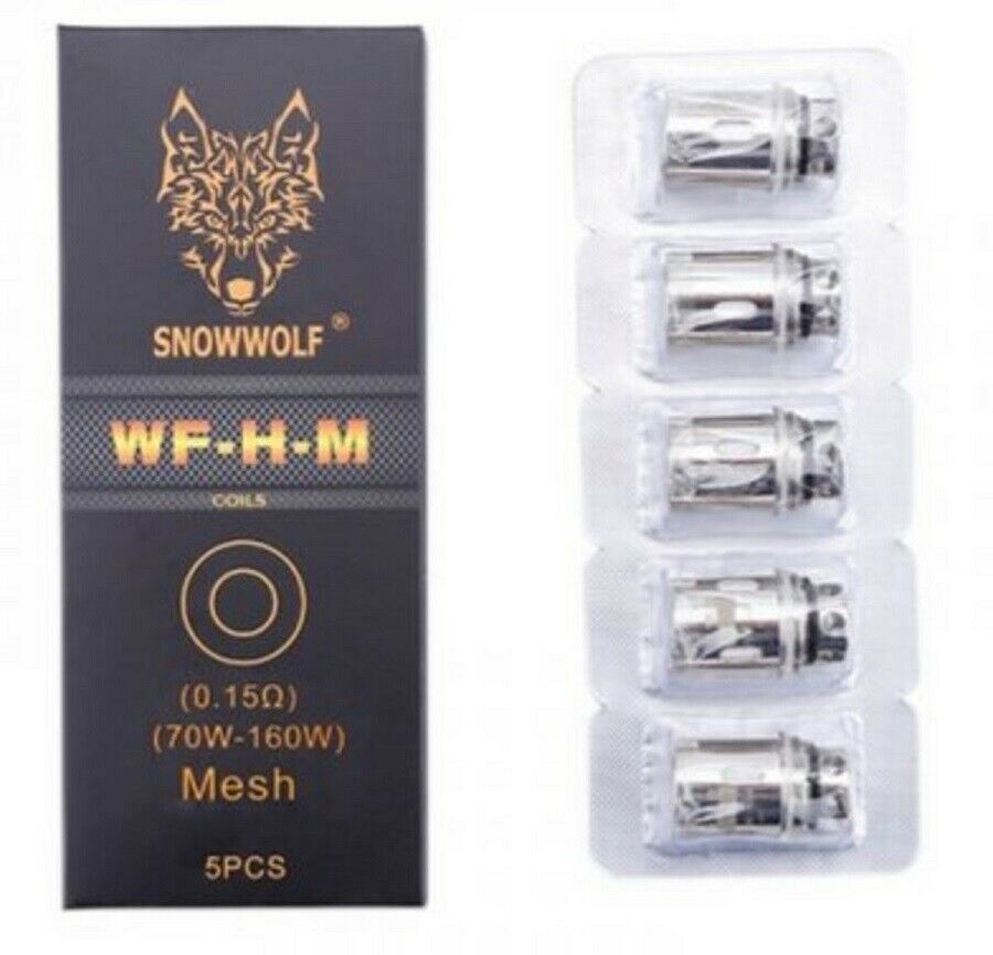 Pack of five Snowwolf WF replacement coils, including WF-H, WF-M, WF-H-M, and WF-SS316L variants for versatile vaping options.