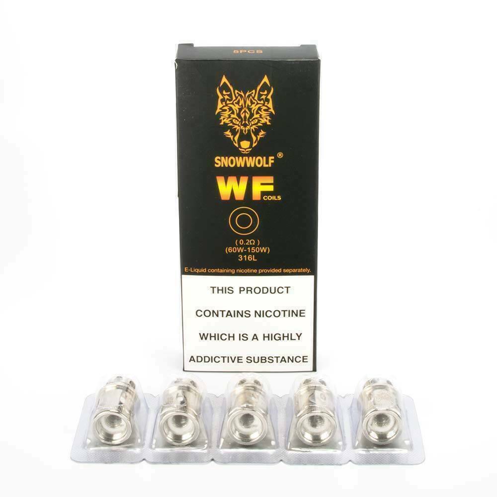Pack of five Snowwolf WF replacement coils, including WF-H, WF-M, WF-H-M, and WF-SS316L variants for versatile vaping options.