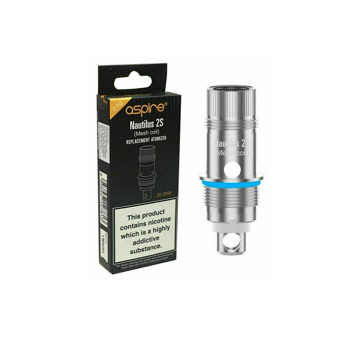 Pack of five Aspire Nautilus 2S mesh replacement vape coils, available in 0.7ohm and 0.4ohm resistance options for smooth vaping performance.