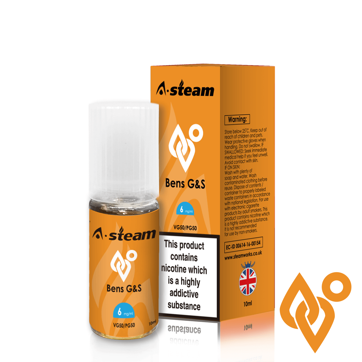 A-Steam 10ml e-liquid bottle in Bens G&S flavor, offering a variety of flavors for vaping.