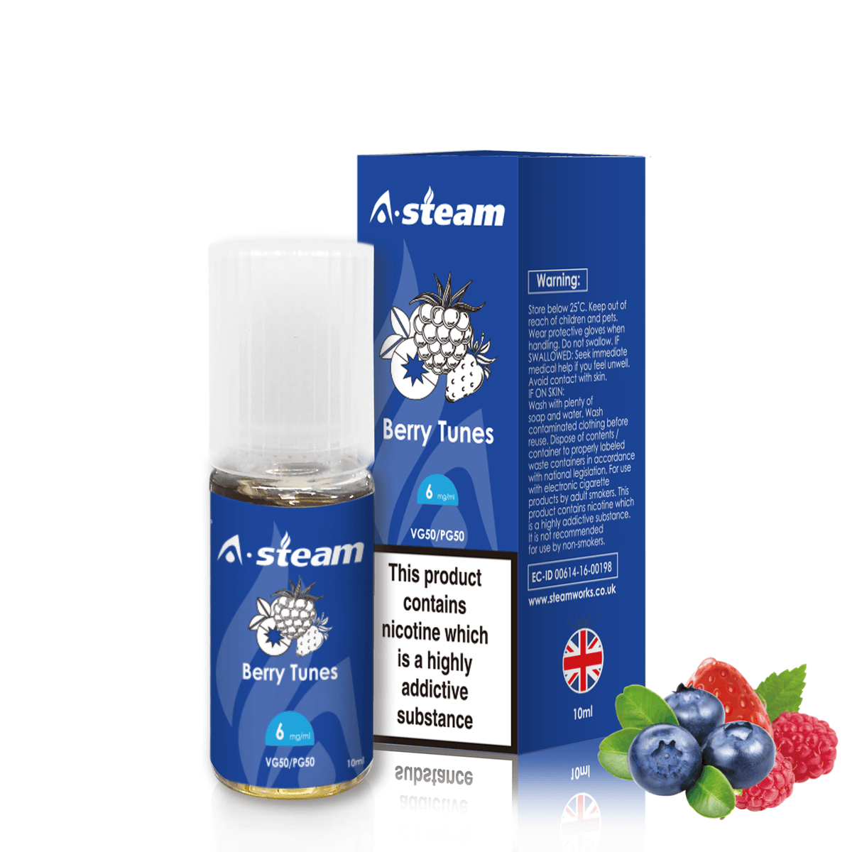 A-Steam 10ml e-liquid bottle in Berry Tunes flavor, offering a variety of flavors for vaping.