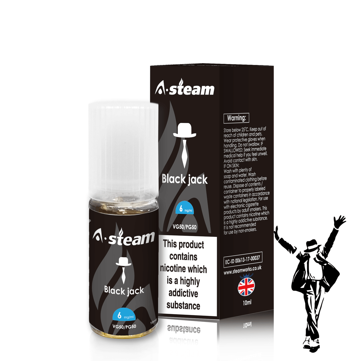 A-Steam 10ml e-liquid bottle in Black Jack flavor, offering a variety of flavors for vaping.