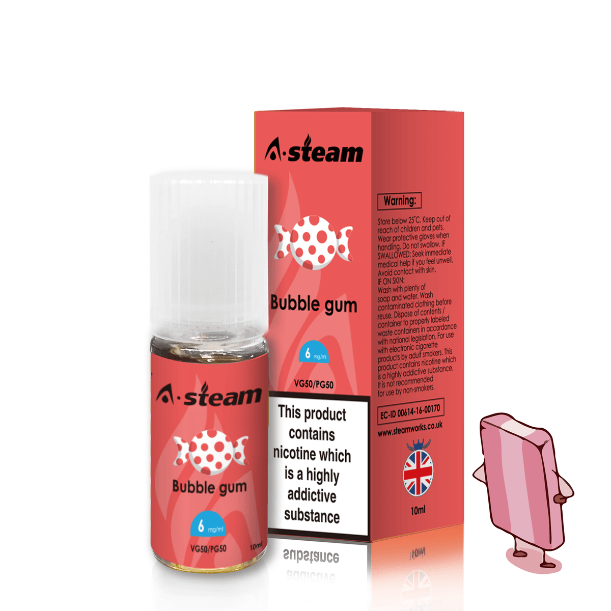 A-Steam 10ml e-liquid bottle in Bubble Gum flavor, offering a variety of flavors for vaping.