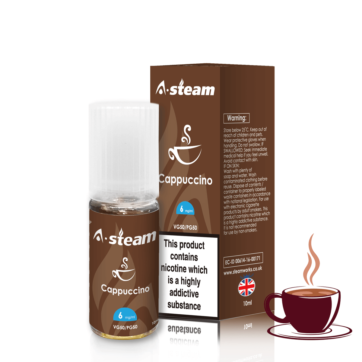 A-Steam 10ml e-liquid bottle in Cappuccino flavor, offering a variety of flavors for vaping.