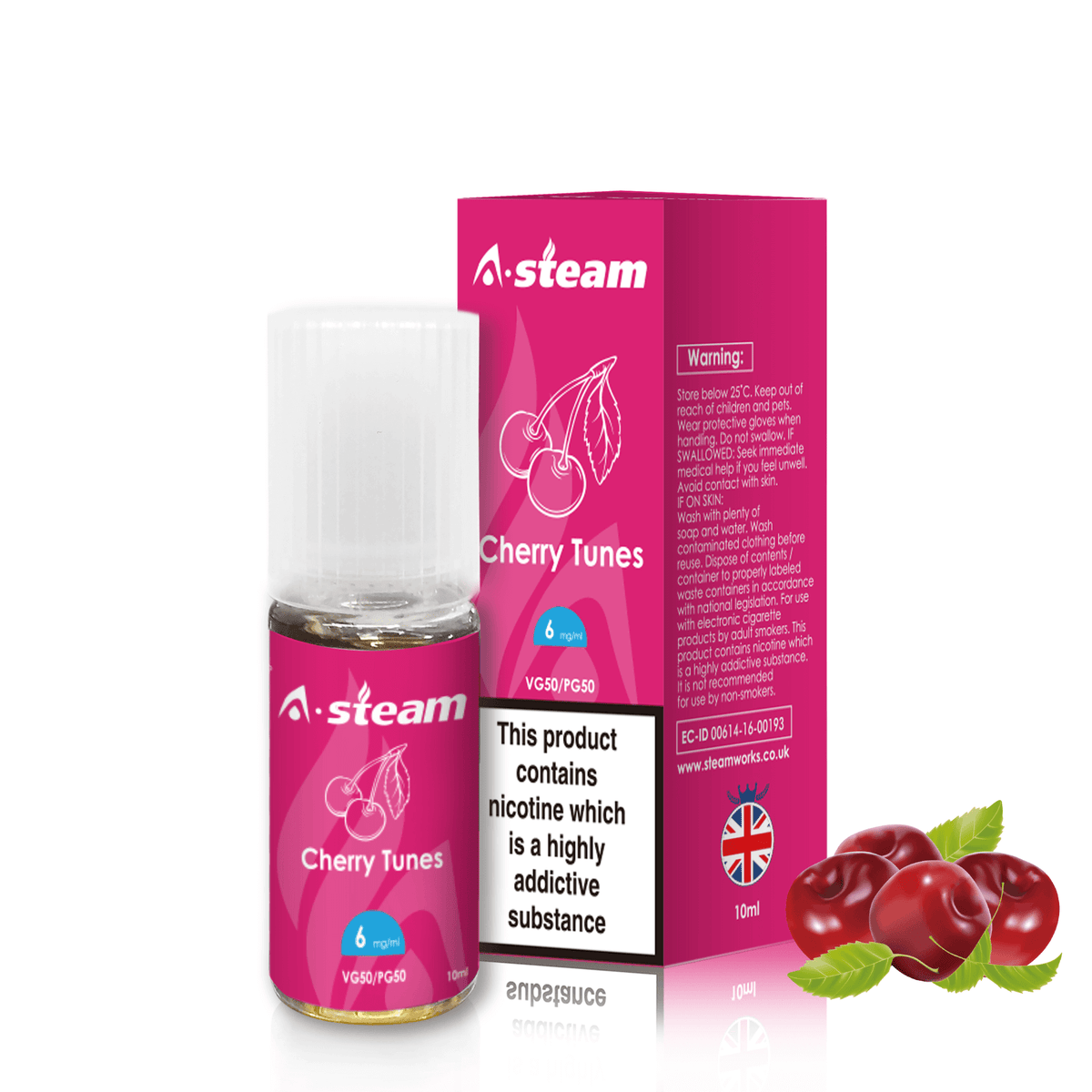 A-Steam 10ml e-liquid bottle in Cherry Tunes flavor, offering a variety of flavors for vaping.