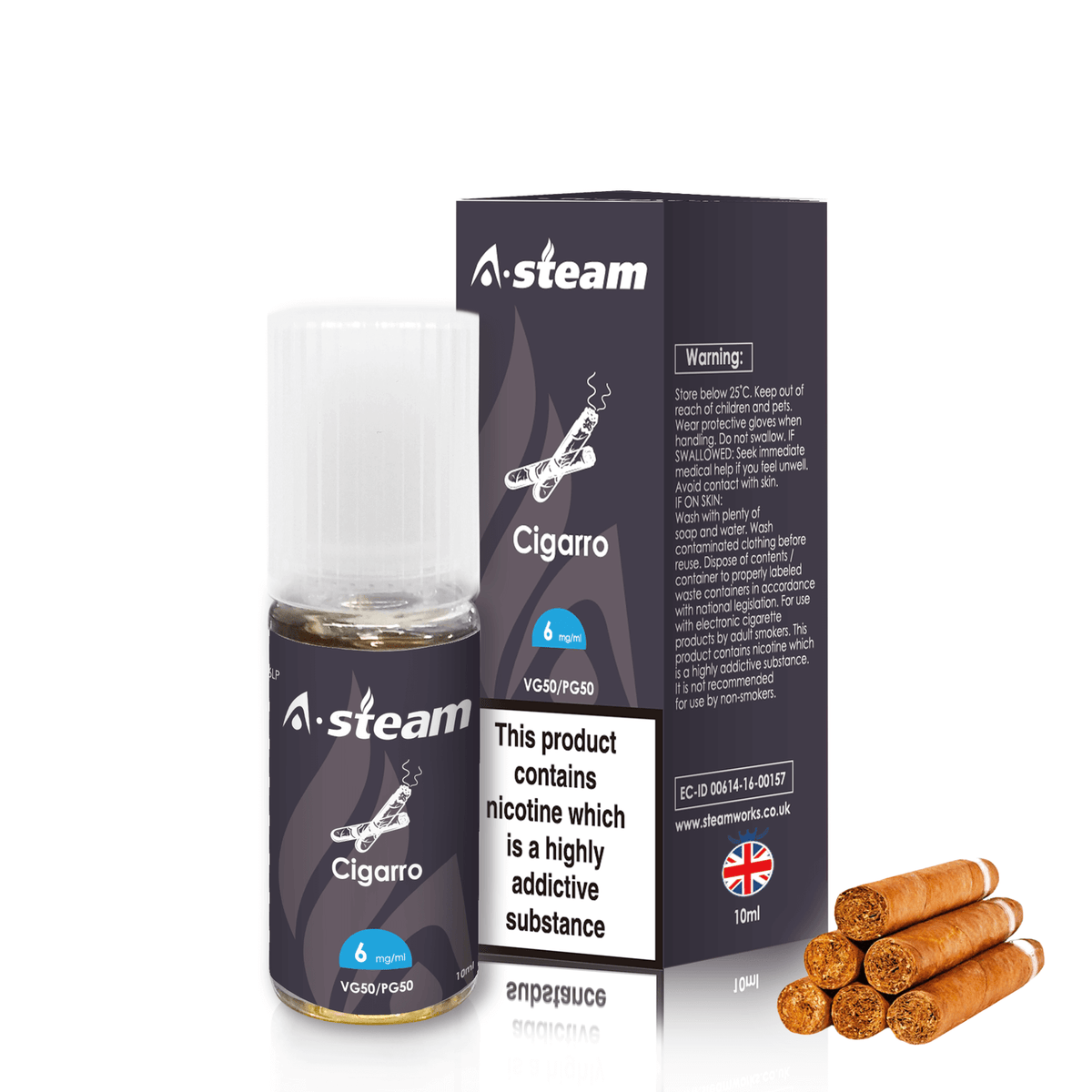 A-Steam 10ml e-liquid bottle in Cigarro flavor, offering a variety of flavors for vaping.
