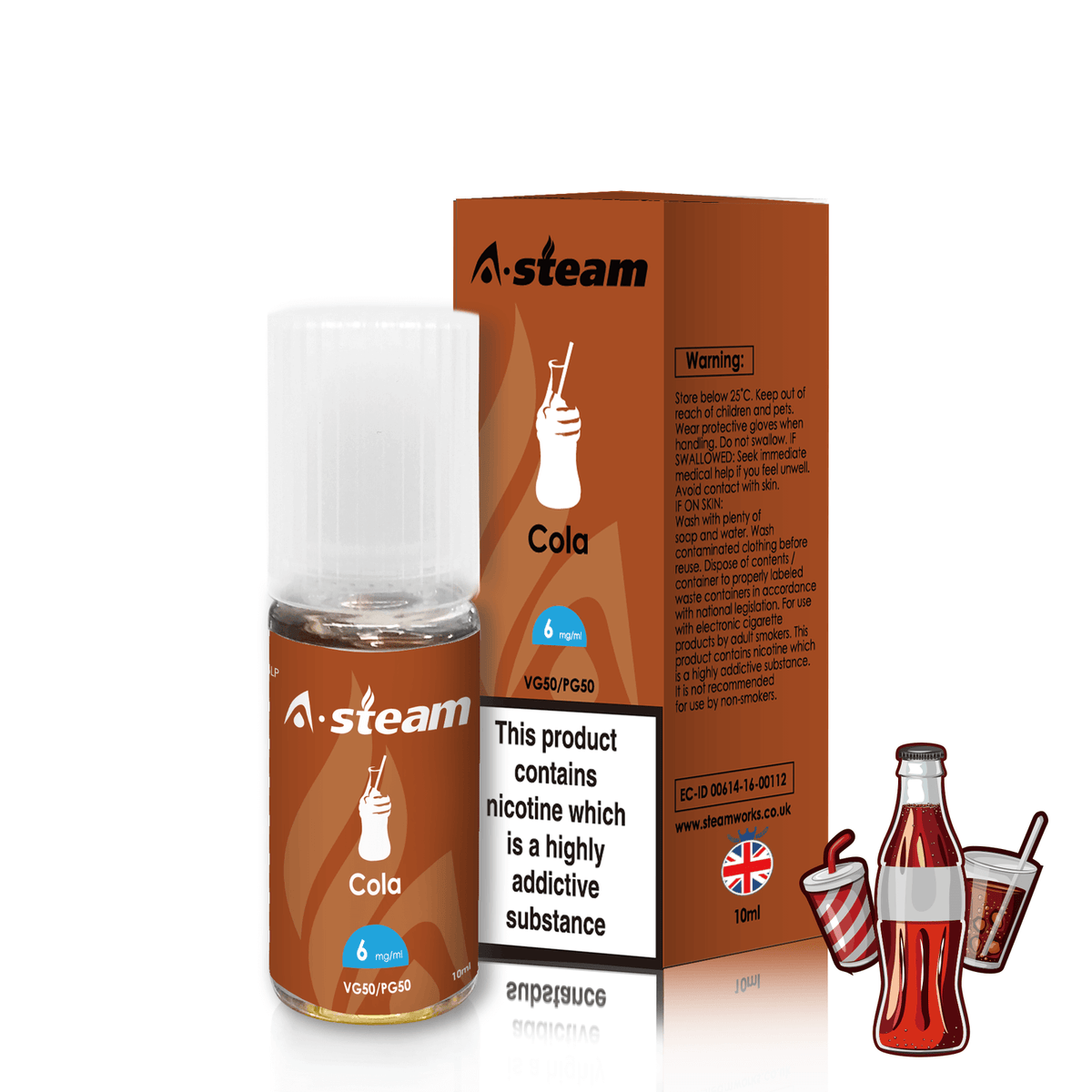 A-Steam 10ml e-liquid bottle in Cola flavor, offering a variety of flavors for vaping.