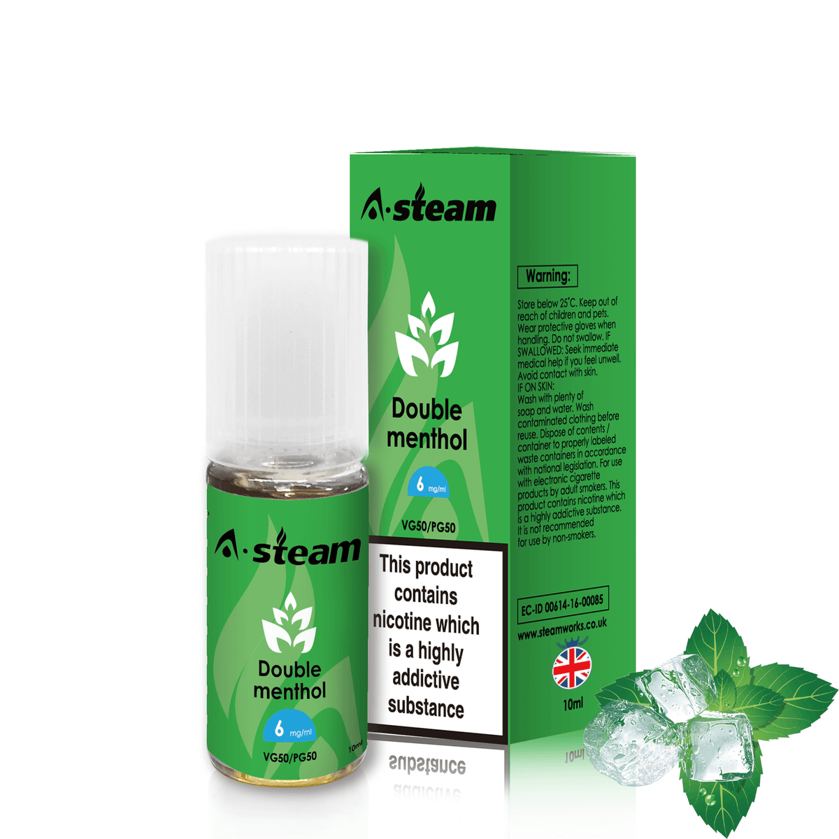 A-Steam 10ml e-liquid bottle in Double Menthol flavor, offering a variety of flavors for vaping.