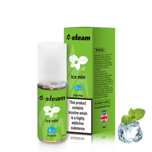 A-Steam 10ml e-liquid bottle in Ice Mint flavor, offering a variety of flavors for vaping.