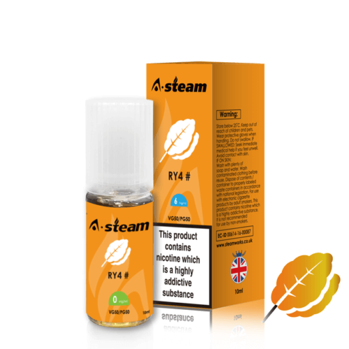 A-Steam 10ml e-liquid bottle in RY4 flavor, offering a variety of flavors for vaping.