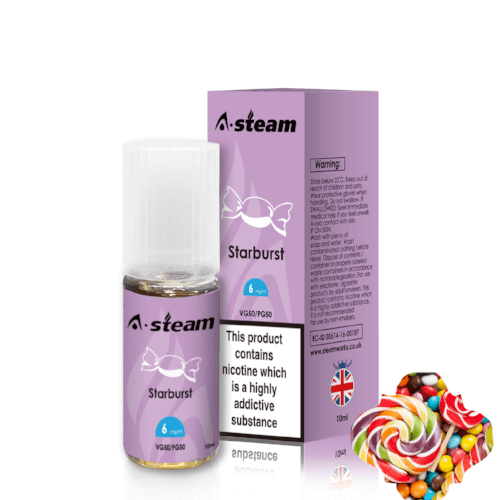 A-Steam 10ml e-liquid bottle in Starburst flavor, offering a variety of flavors for vaping.