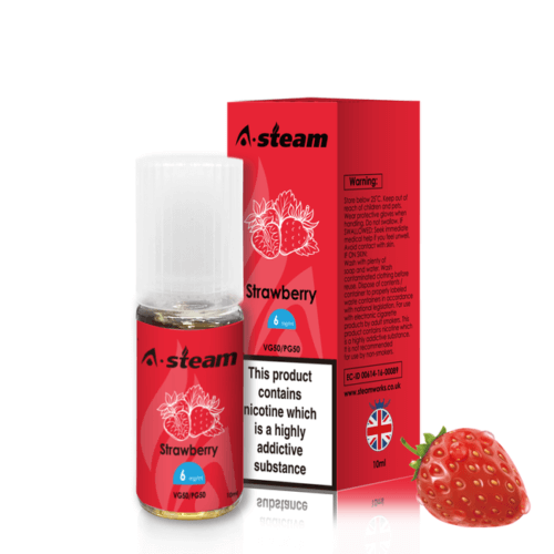 A-Steam 10ml e-liquid bottle in Strawberry flavor, offering a variety of flavors for vaping.