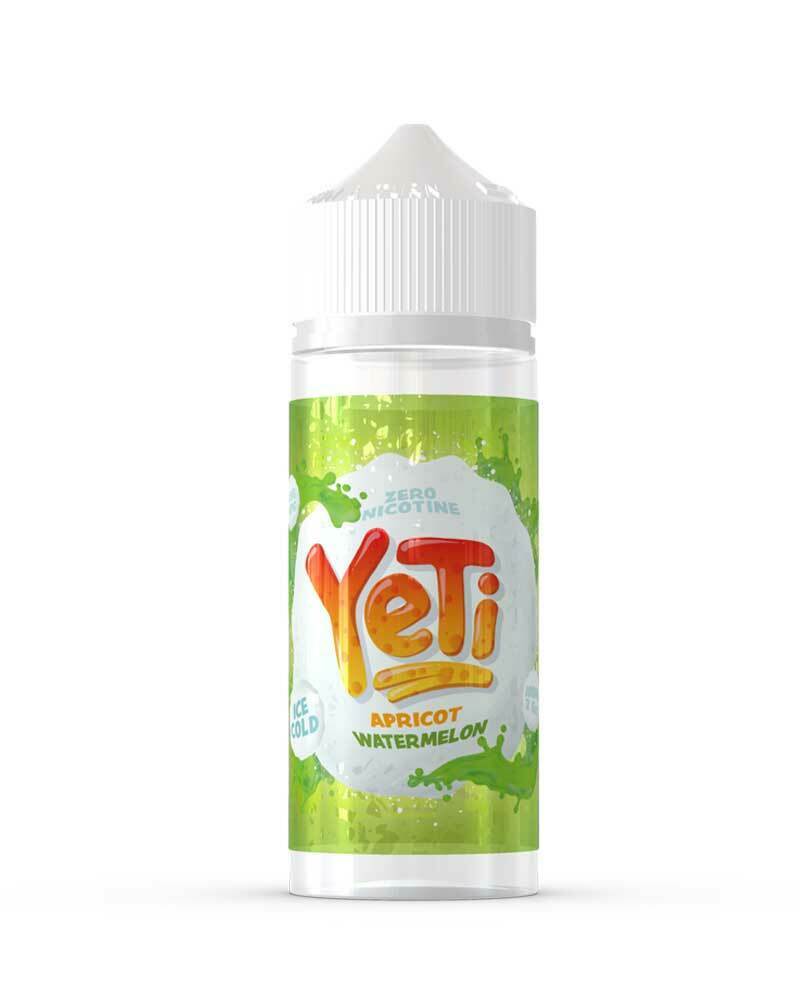 100ml shortfill bottle of YETI E-Liquid in Apricot Watermelon flavor from the Fruity Ice Cold Series, crafted with a 70VG/30PG mix for bold flavor and dense clouds, nicotine-free with space for nic shots.