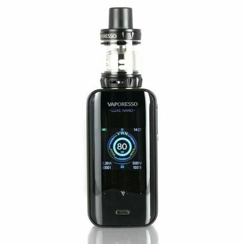Vaporesso Luxe Nano Vape Kit in Black – a compact yet powerful device featuring a vibrant touchscreen, advanced OMNI Board 4.2 chipset, rapid firing, and stylish red finish for a bold vaping experience.