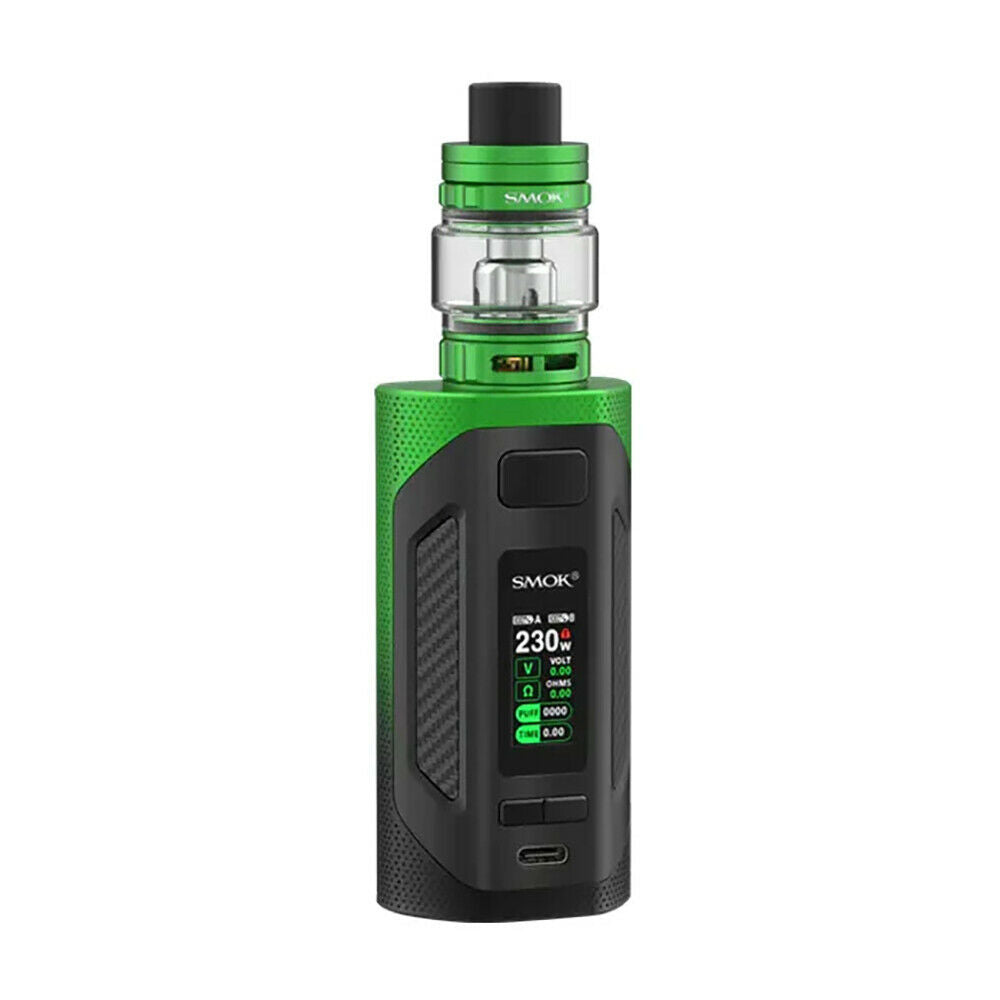 SMOK Rigel Mod Kit with TFV9 tank, 2ml e-liquid capacity, 230W starter kit in Black Green with advanced temperature control and adjustable settings.