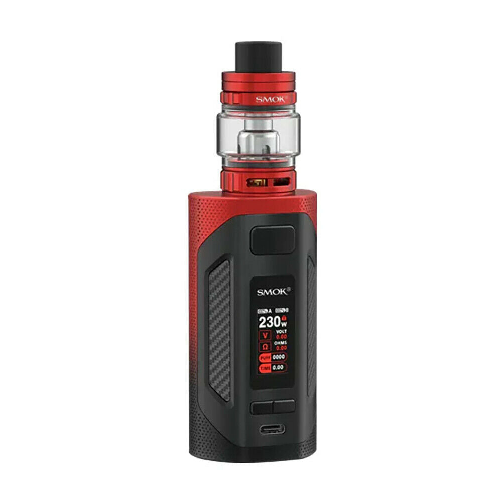 SMOK Rigel Mod Kit with TFV9 tank, 2ml e-liquid capacity, 230W starter kit in Black Red with advanced temperature control and adjustable settings.