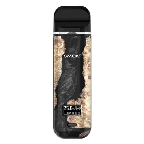 SMOK Novo X Black Wood pod vape kit with 25W adjustable power, 800mAh rechargeable battery, and 2ml refillable tank.