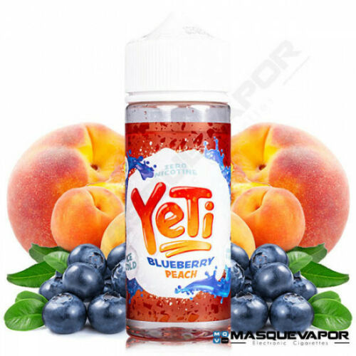 100ml shortfill bottle of YETI E-Liquid in Blueberry Peach flavor from the Fruity Ice Cold Series, crafted with a 70VG/30PG mix for bold flavor and dense clouds, nicotine-free with space for nic shots.