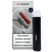Aspire Cyber S Pod Kit in Black – futuristic and compact pod system with a sleek black finish, dual firing modes (auto and button), 700mAh battery, and mesh coil pods for rich flavor and a smooth MTL experience.