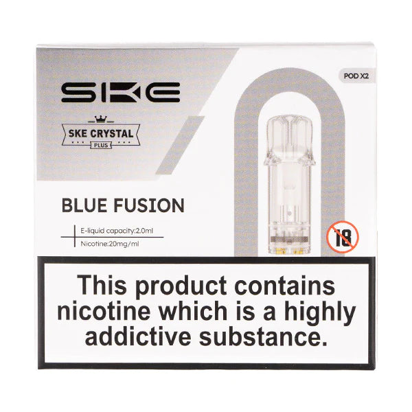 SKE Crystal Bar Plus prefilled pods in Blue Fusion flavor, pack of 2, designed for use with the SKE Crystal Bar Plus device for a smooth and fruity vaping experience.