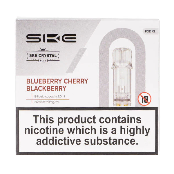 SKE Crystal Bar Plus prefilled pods in Blueberry Cherry Cranberry flavor, pack of 2, designed for use with the SKE Crystal Bar Plus device for a smooth and fruity vaping experience.