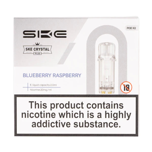 SKE Crystal Bar Plus prefilled pods in Blueberry Raspberry flavor, pack of 2, designed for use with the SKE Crystal Bar Plus device for a smooth and fruity vaping experience.