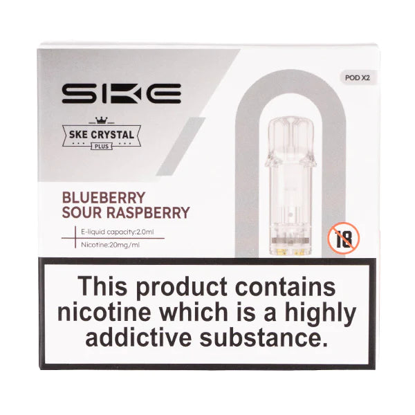 SKE Crystal Bar Plus prefilled pods in Blueberry Sour Raspberry flavor, pack of 2, designed for use with the SKE Crystal Bar Plus device for a smooth and fruity vaping experience.