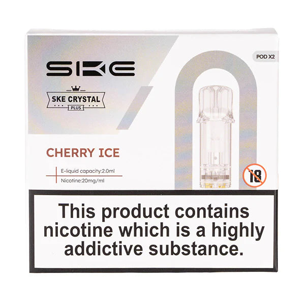 SKE Crystal Bar Plus prefilled pods in Cherry Ice flavor, pack of 2, designed for use with the SKE Crystal Bar Plus device for a smooth and fruity vaping experience.