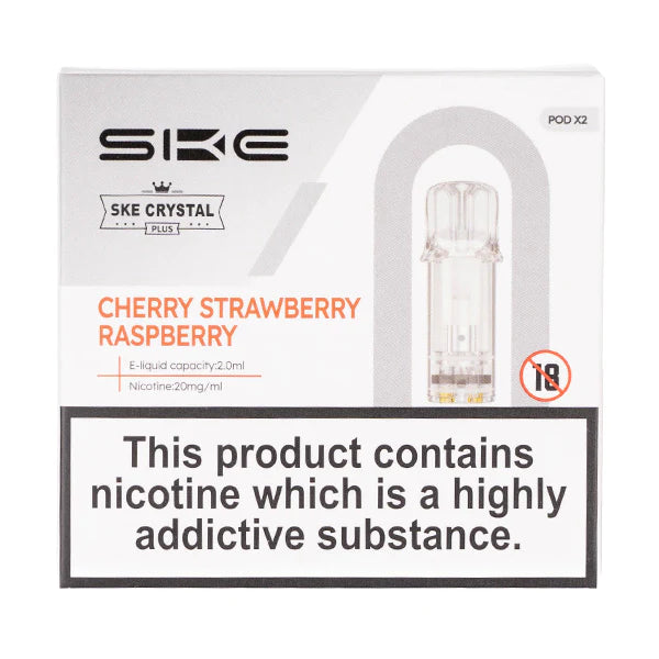 SKE Crystal Bar Plus prefilled pods in Cherry Strawberry Raspberry flavor, pack of 2, designed for use with the SKE Crystal Bar Plus device for a smooth and fruity vaping experience.
