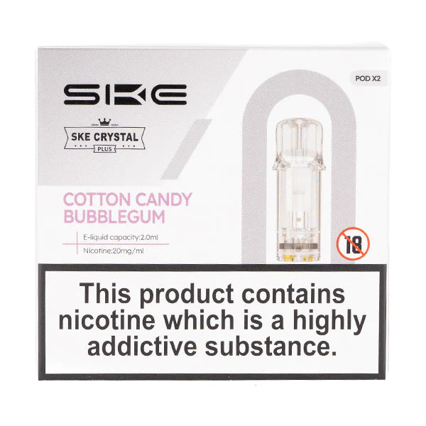 SKE Crystal Bar Plus prefilled pods in Cotton Candy Bubblegum flavor, pack of 2, designed for use with the SKE Crystal Bar Plus device for a smooth and fruity vaping experience.
