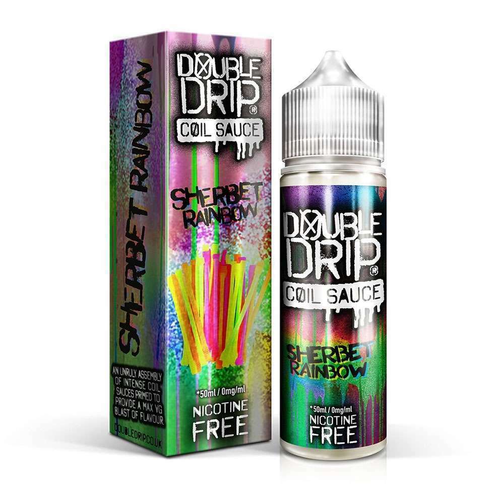 Double Drip Sherbet Rainbow Coil Sauce 50ml e-liquid with 80VG/20PG ratio, offering a zesty lemon candy flavor.