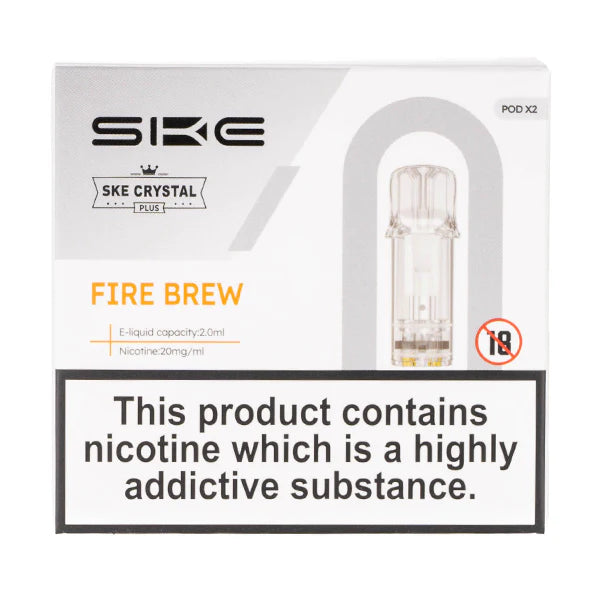 SKE Crystal Bar Plus prefilled pods in Fire Brew flavor, pack of 2, designed for use with the SKE Crystal Bar Plus device for a smooth and fruity vaping experience.