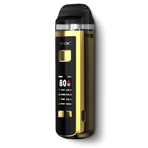 SMOK RPM 2S 80W Prism Gold mod pod vape kit, TPD compliant e-cigarette with replaceable 18650 battery and refillable pod system.