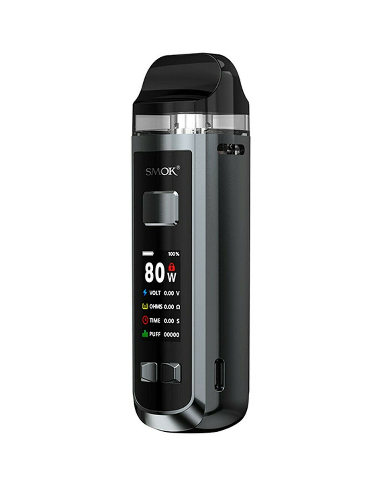 SMOK RPM 2S 80W Prism Grey mod pod vape kit, TPD compliant e-cigarette with replaceable 18650 battery and refillable pod system.