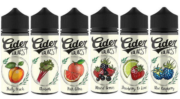 A collection of six Cider Burst vape juice bottles with various fruit designs and names such as Fruity Peach, Rhubarb, Pink Citrus, Mixed Berries, Strawberry & Lime, and Blue Raspberry.