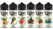 A collection of six Cider Burst vape juice bottles with various fruit designs and names such as Fruity Peach, Rhubarb, Pink Citrus, Mixed Berries, Strawberry & Lime, and Blue Raspberry.