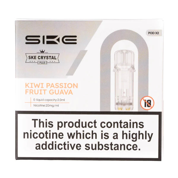 SKE Crystal Bar Plus prefilled pods in Kiwi Passion Fruit Guava flavor, pack of 2, designed for use with the SKE Crystal Bar Plus device for a smooth and fruity vaping experience.