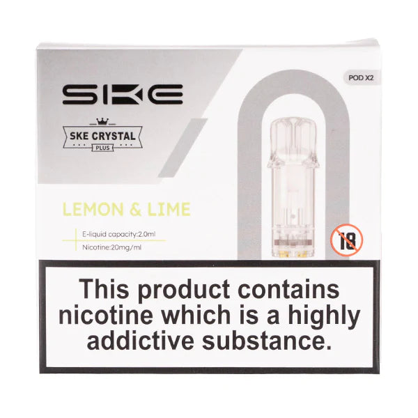 SKE Crystal Bar Plus prefilled pods in Lemon & Lime flavor, pack of 2, designed for use with the SKE Crystal Bar Plus device for a smooth and fruity vaping experience.