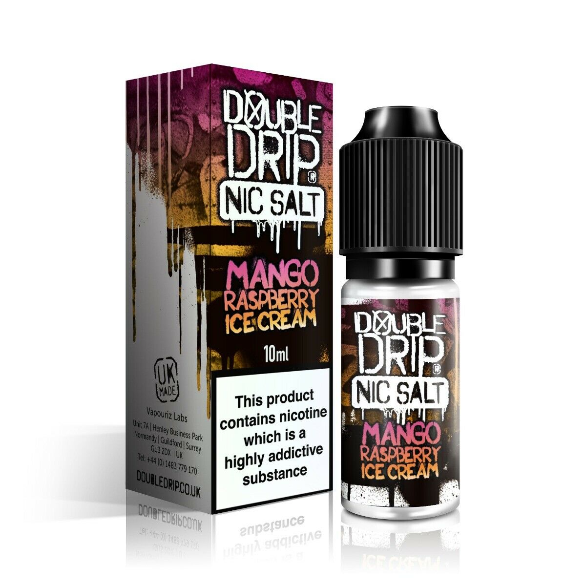 Double Drip Nic Salt E-Liquid Mango Raspberry Ice-Cream – 10ml bottle, available in 10mg or 20mg nicotine strength.