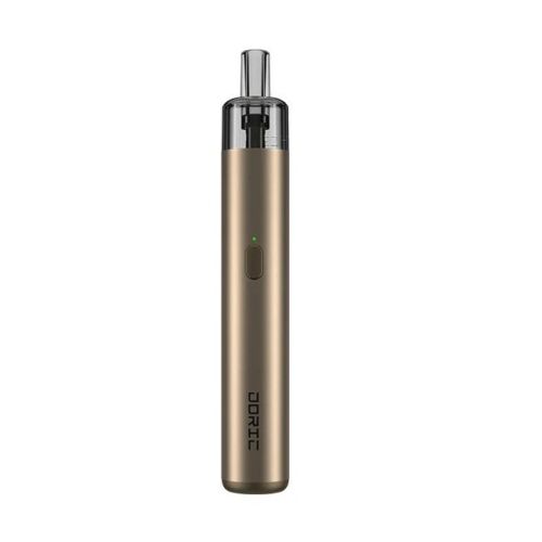 VooPoo DORIC 20 Pod Kit in Pale Gold – sleek and lightweight MTL pod system with a 1500mAh built-in battery, 18W max output, and ITO coil technology for smooth, flavorful vaping.