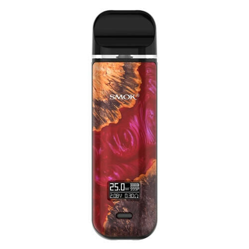SMOK Novo X Red Stabilizing Wood  pod vape kit with 25W adjustable power, 800mAh rechargeable battery, and 2ml refillable tank.